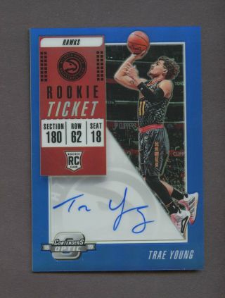 2018 - 19 Contenders Optic Rookie Ticket Blue Trae Young Hawks Rc Auto /99