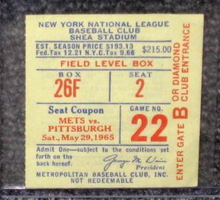 May 29 1965 Mets Vs Pirates Ticket Stub Clemente 2 Singles Double Triple Exmt