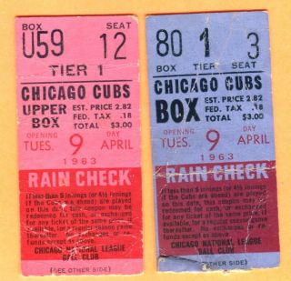 (2) 1963 Cubs Opening Day Ticket Stubs - 4/9/63 - Dodgers Don Drysdale Win 105
