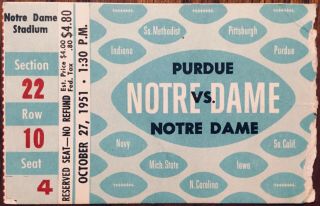 1951 Notre Dame Vs Purdue College Football Ticket Stub