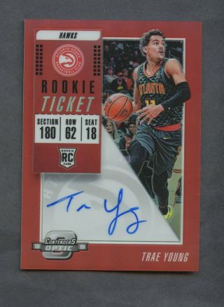 2018 - 19 Contenders Optic Rookie Ticket Red Trae Young Hawks Rc Auto 10/99