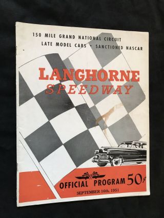 1951 Stock Car Racing Program - Langhorne Speedway - Nascar Event - Lee Petty