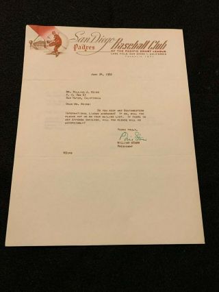 1952 Pcl San Diego Padres Letter Letterhead Pacific Coast League Aaa Baseball