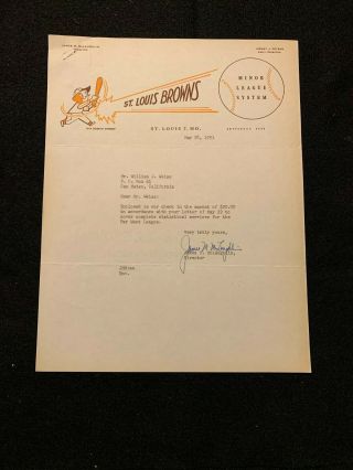 1951 St.  Louis Browns Letter Letterhead James M Mclaughlin Auto Minor League Sys