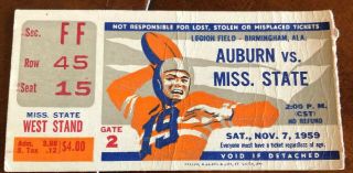 1959 Auburn Tigers Versus Mississippi State Bulldogs Football Ticket