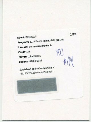 Luka Doncic 2018 - 19 Immaculate Immaculate Moments Rc Auto /99