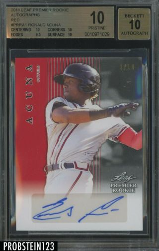 2018 Leaf Premier Red Ronald Acuna Braves Rc Rookie Auto 01/10 Bgs 9.  5