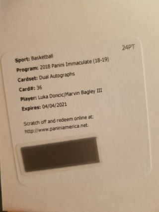 2018 Panini Immaculate Luka Doncic/marvin Bagley Dual Auto /49