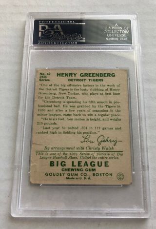 1934 Goudey 62 Hank Greenberg - Detroit Tigers,  Hall of Fame,  PSA graded 2