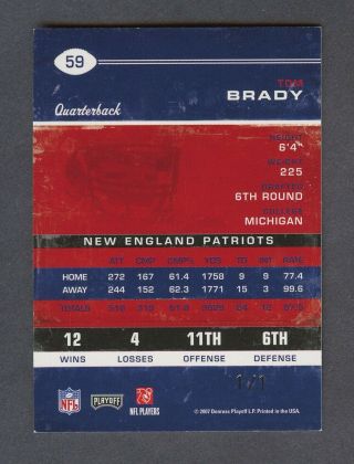 2007 Playoff Contenders Championship Ticket 59 Tom Brady Patriots 1/1 1 of 1 2