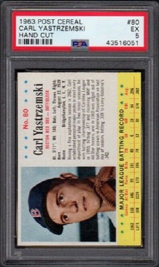 1963 Carl Yastrzemski Post Cereal Baseball Card 80 Hand Cut Graded Psa 5 (ex)