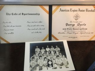American Legion 1958 Junior Baseball Picture & Award Certificate Front Royal Va.