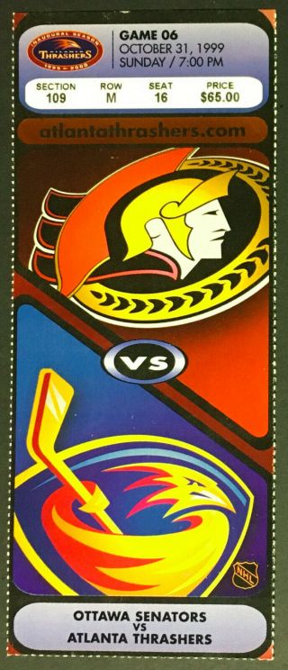 1999 Atlanta Thrashers Inaugural Season Game Ticket Vs Ottawa Senators Nhl