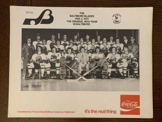Feb 2 1975 - Wha Baltimore Blades 1st Game Team Photo Vintage Coca Cola Coke Sga