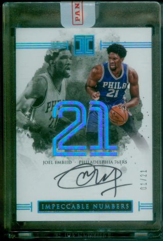 Joel Embiid 2016 - 17 Panini Impeccable 76ers Auto Jersey Numbers 01/21 First 1/1