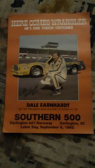 Vintage 1982 Darlington Southern 500 Dale Earnhardt Here Comes Wrangler Poster