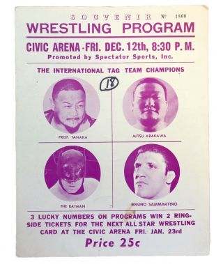 1969 Pittsburgh Civic Arena Wwwf Professional Wrestling Program Bruno Sammartino