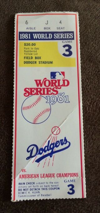 1981 World Series Game 3 Ticket Stub - Ny Yankees Vs La Dodgers Cey Hr Valenzuela