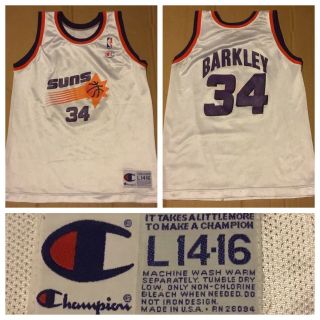 Rare 90’s Usa Made Champion Nba Phoenix Suns 34 Charles Barkley Jersey L (14 - 16)