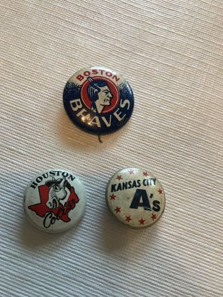 Early Baseball Team Pins: Kc A’s,  Houston Colts,  Boston Braves