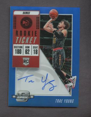 2018 - 19 Contenders Optic Rookie Ticket Blue Trae Young Hawks Rc Auto 14/99