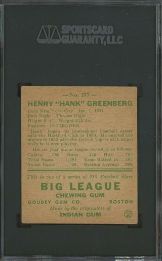 1938 Goudey Heads Up 277 Hank Greenberg Detroit Tigers HOF SGC 4 VG - EX 2