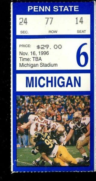 Ticket College Football Michigan Wolverines 1996 11.  16 Penn State Tom Brady Fr