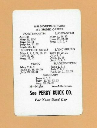 1955 Norfolk Tars Baseball Pocket Schedule Piedmont League Perry Buick Front Va