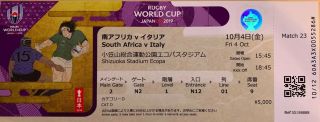 2019 Rugby World Cup Ticket Stub,  South Africa Vs Italy,  Purple Accent