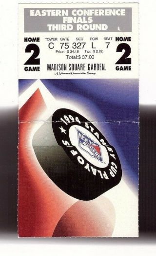 Ny Rangers 1994 Stanley Cup Playoffs Ticket Round 3 Game 2 Vs Nj Devils 4 - 0 Win
