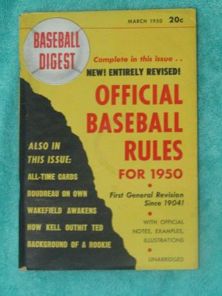 Mar 1950 Baseball Digest Official Rules Jackie Robinson Reverse Cover Ex,