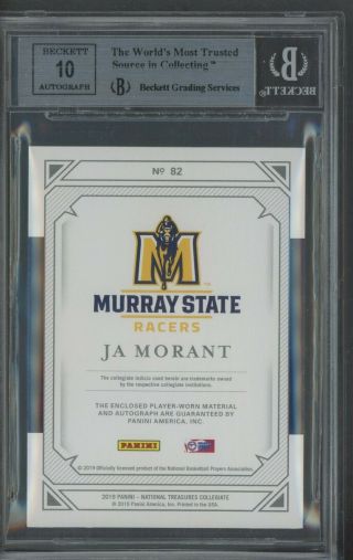 2019 - 20 National Treasures Ja Morant RPA RC 3 - Color Patch AUTO /99 BGS 9 2