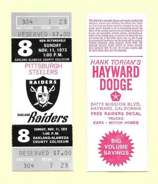 1973 Oakland Raiders Vs Pittsburgh Steelers Full Ticket At The Oakland Coliseum