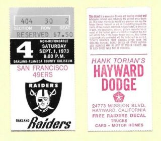 1973 Oakland Raiders Vs San Francisco 49ers Ticket Stub At The Oakland Coliseum