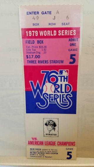 1979 World Series Game 2 Ticket Stub: Memorial Stadium Field Box 49 Row J Seat 6