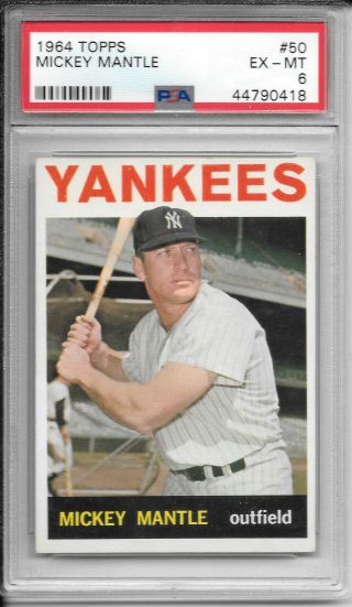 1964 Topps 50 Mickey Mantle Psa 6 Ex - Mt York Yankees