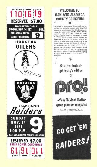1971 Oakland Raiders Vs Houston Oilers Full Ticket At The Oakland Coliseum