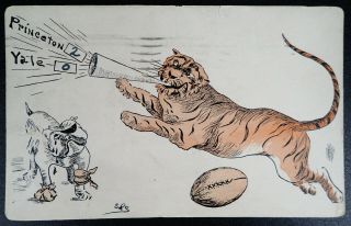 1940 Princeton Vs Yale Art Postcard Injured Handsome Dan & Tiger Football