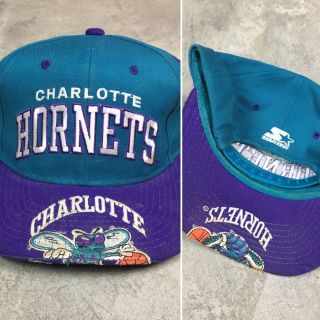 90s Vtg Starter Charlotte Hornets Big Logo Bill Snapback Hat Og Wool Arch