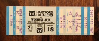 Nhl Winnipeg Jets Vs Hartford Whalers Full Ticket Stub - January 21,  1980