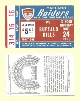 1966 Oakland Raiders Vs Buffalo Bills Afl Ticket Stub At The Oakland Coliseum