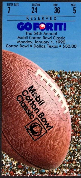 1990 Cotton Bowl Classic Football Ticket Arkansas Razorbacks Vs.  Tennessee Vols