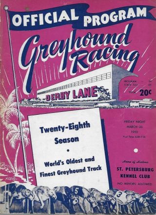 1953 Greyhound Racing Program,  Derby Lane,  St Petersburg Fl Kennel Club