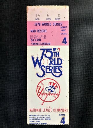 1978 World Series Ticket Stub Los Angeles Dodgers At York Yankees Game 4