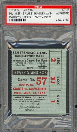 Aug 21,  1963 Giants Vs.  Braves Ticket Stub Mathews 2 Hr 