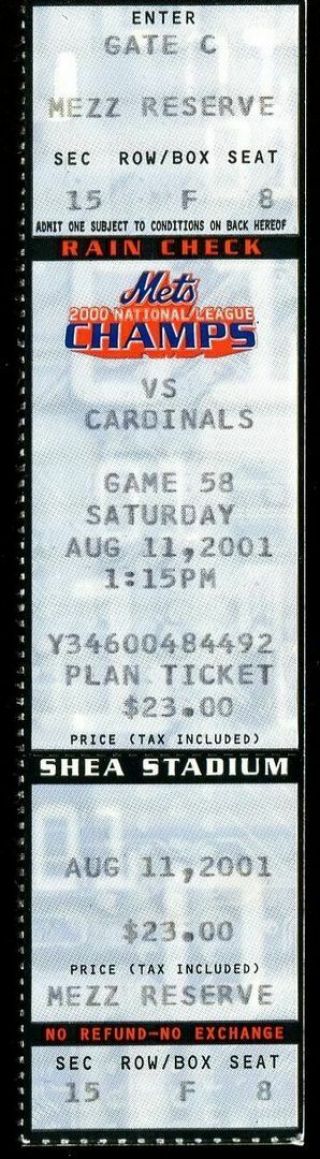 Ticket Baseball York Mets 2001 8.  11 St.  Louis Cardinals Mark Mcgwire Hr
