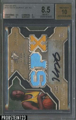 2007 - 08 Spx 101 Kevin Durant Supersonics Rc Rookie Jersey Auto Bgs 8.  5
