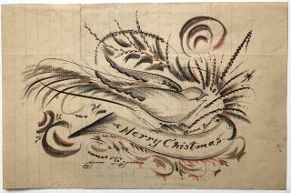 Anna Dean / 1890s Handmade Spencerian Style Christmas Card In Pencil And Ink