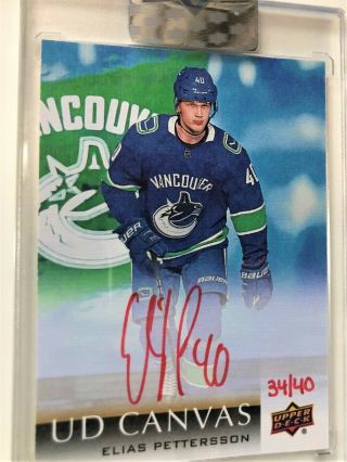 2018 - 19 Clear Cut Red Ink Canvas Elias Pettersson Rc Canucks Red Auto Rare 34/40
