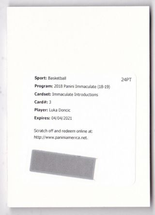 2018 - 19 Immaculate Introductions Autograph 3 Luka Doncic Auto /99 Redemption
